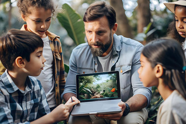 3d flat icon as environmental educator with tablet and students in nature reserve concept min