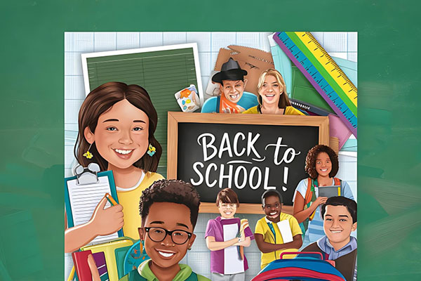 A poster for back to school with kids and school supplies min