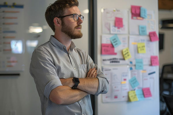 A man standing in front of a whiteboard with sticky notes on it min