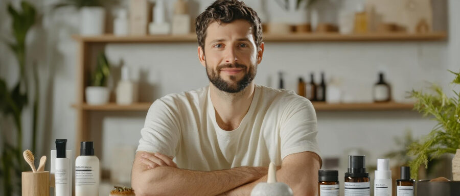 Bright social media video of man with organic facial care