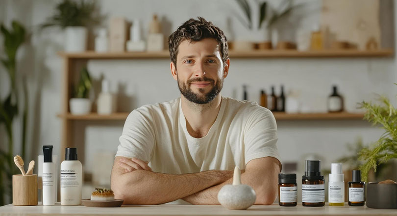 Bright social media video of man with organic facial care