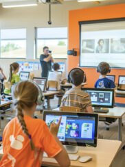 Classroom with a teacher and students using computers