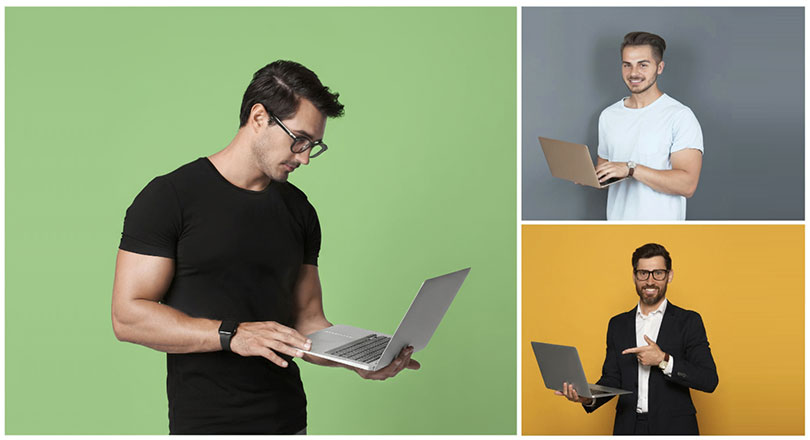Collage with photos of men holding modern laptops on different colors