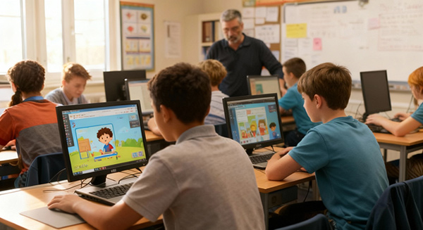Kids copputers classrom with teacher