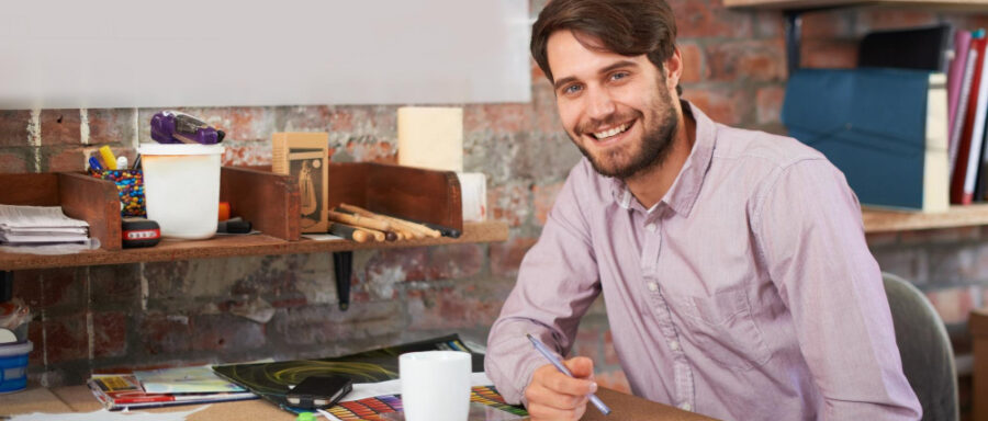 Male person designer office and portrait for workspace media