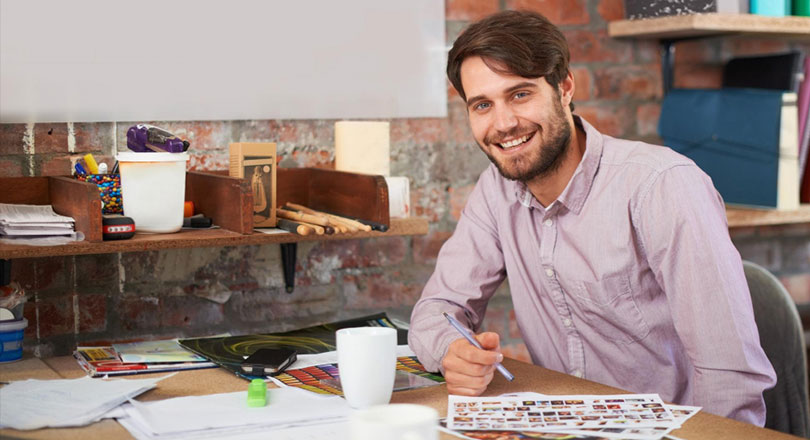 Male person designer office and portrait for workspace media