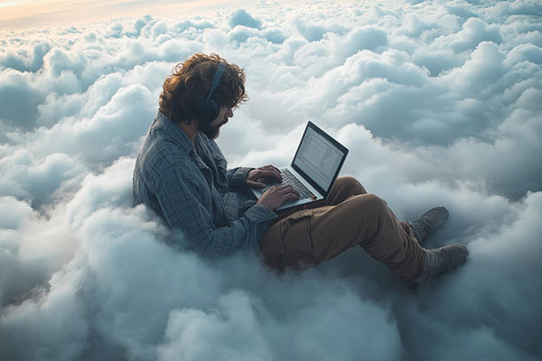 Man sitting on the top of the clouds and working on a laptop min