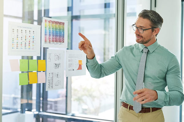 Talking businessman presentation and color chart for change management progress report min