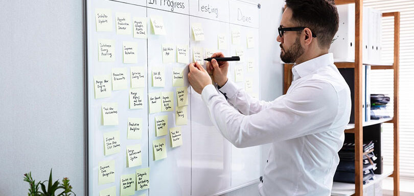 Manager working at board kanban