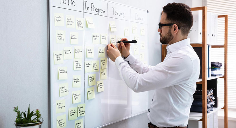 Manager working at board kanban