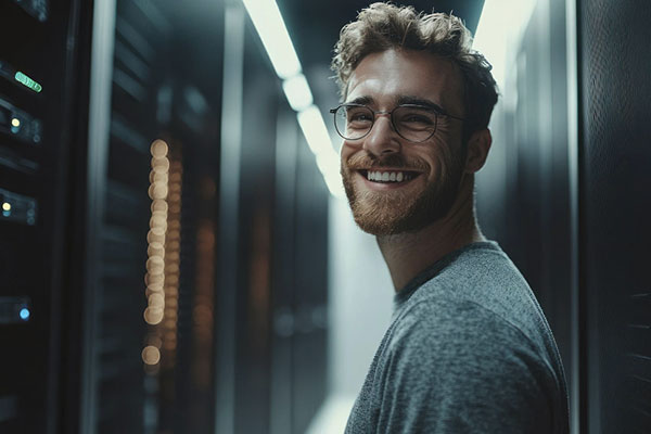Smiling man in glasses standing in a server room