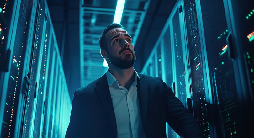 Standing by server cabinet while working with supercomputer in data center